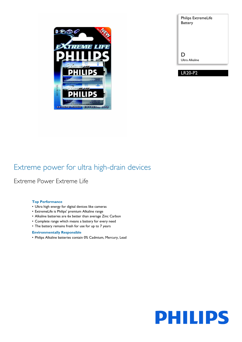 Philips ExtremeLife Batería User Manual | 2 pages