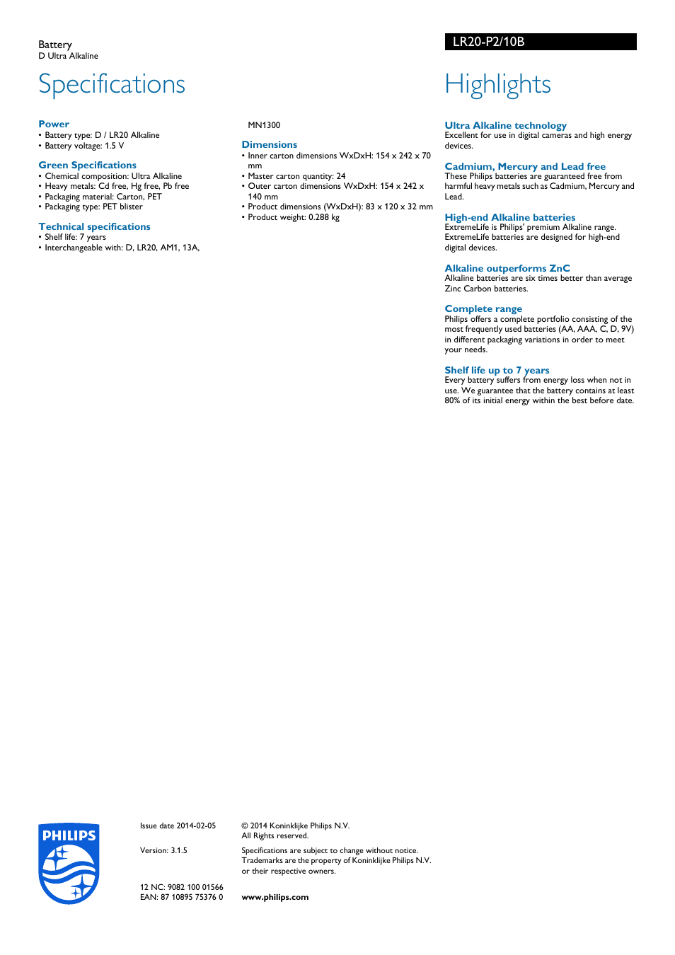 Specifications, Highlights | Philips ExtremeLife Batería User Manual | Page 2 / 2