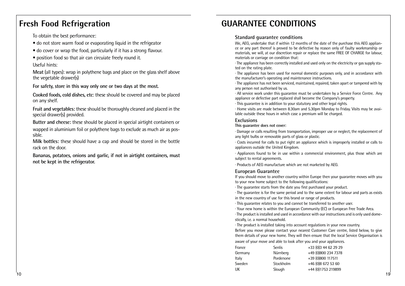 Fresh food refrigeration, Guarantee conditions | AEG SANTO C 7 18 40-4I User Manual | Page 10 / 14