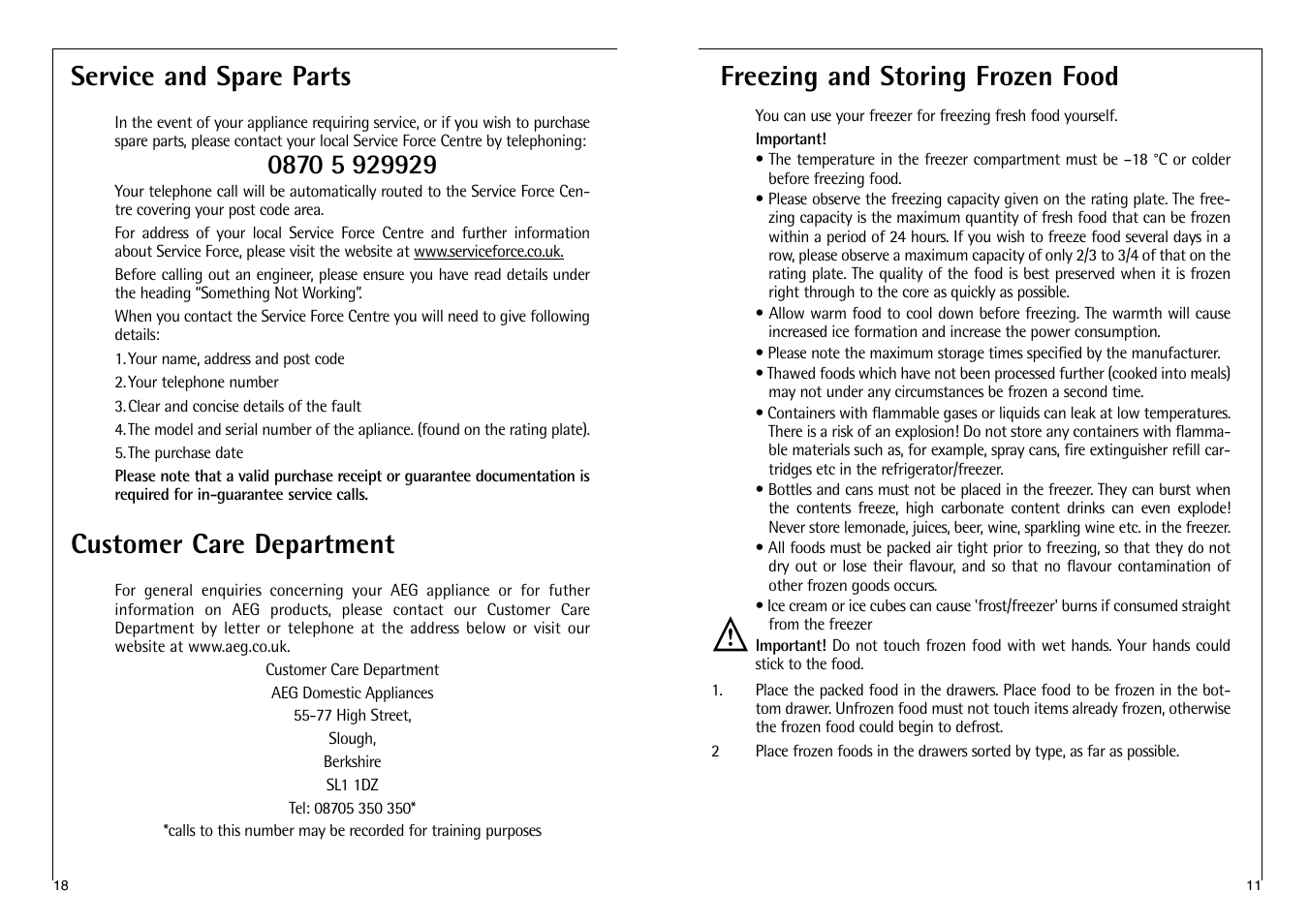 Freezing and storing frozen food, Service and spare parts, Customer care department | AEG SANTO C 7 18 40-4I User Manual | Page 11 / 14