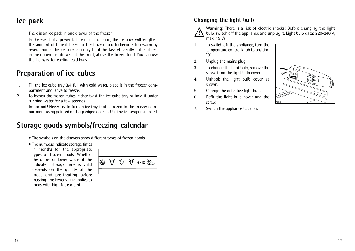 Ice pack, Preparation of ice cubes, Storage goods symbols/freezing calendar | AEG SANTO C 7 18 40-4I User Manual | Page 12 / 14
