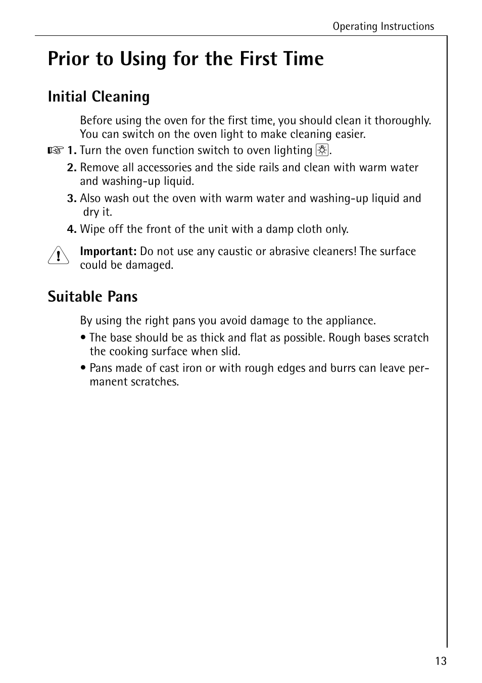 Prior to using for the first time, Initial cleaning, Suitable pans | AEG COMPETENCE 2003 F User Manual | Page 13 / 40