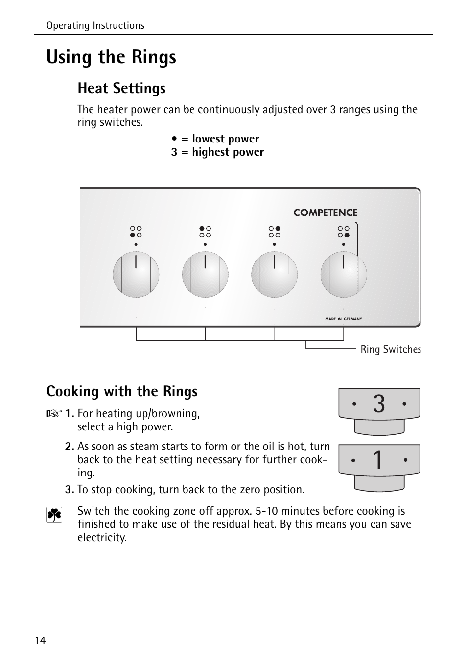 Using the rings, Heat settings, Cooking with the rings | AEG COMPETENCE 2003 F User Manual | Page 14 / 40