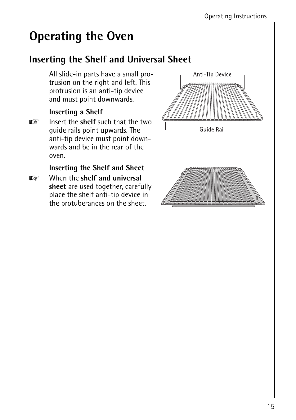 Operating the oven, Inserting the shelf and universal sheet | AEG COMPETENCE 2003 F User Manual | Page 15 / 40