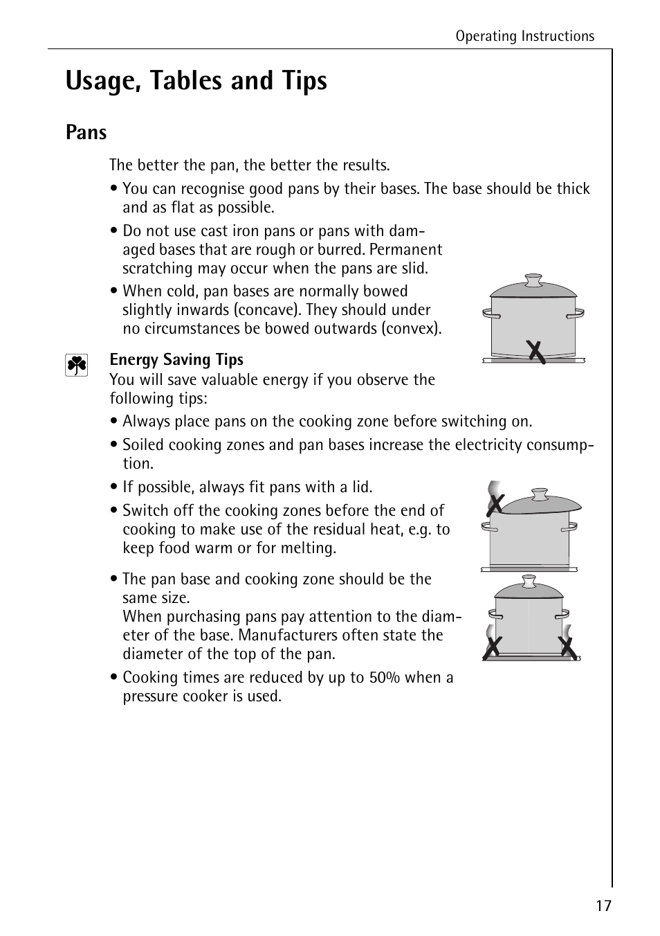 Usage, tables and tips, Pans | AEG COMPETENCE 2003 F User Manual | Page 17 / 40