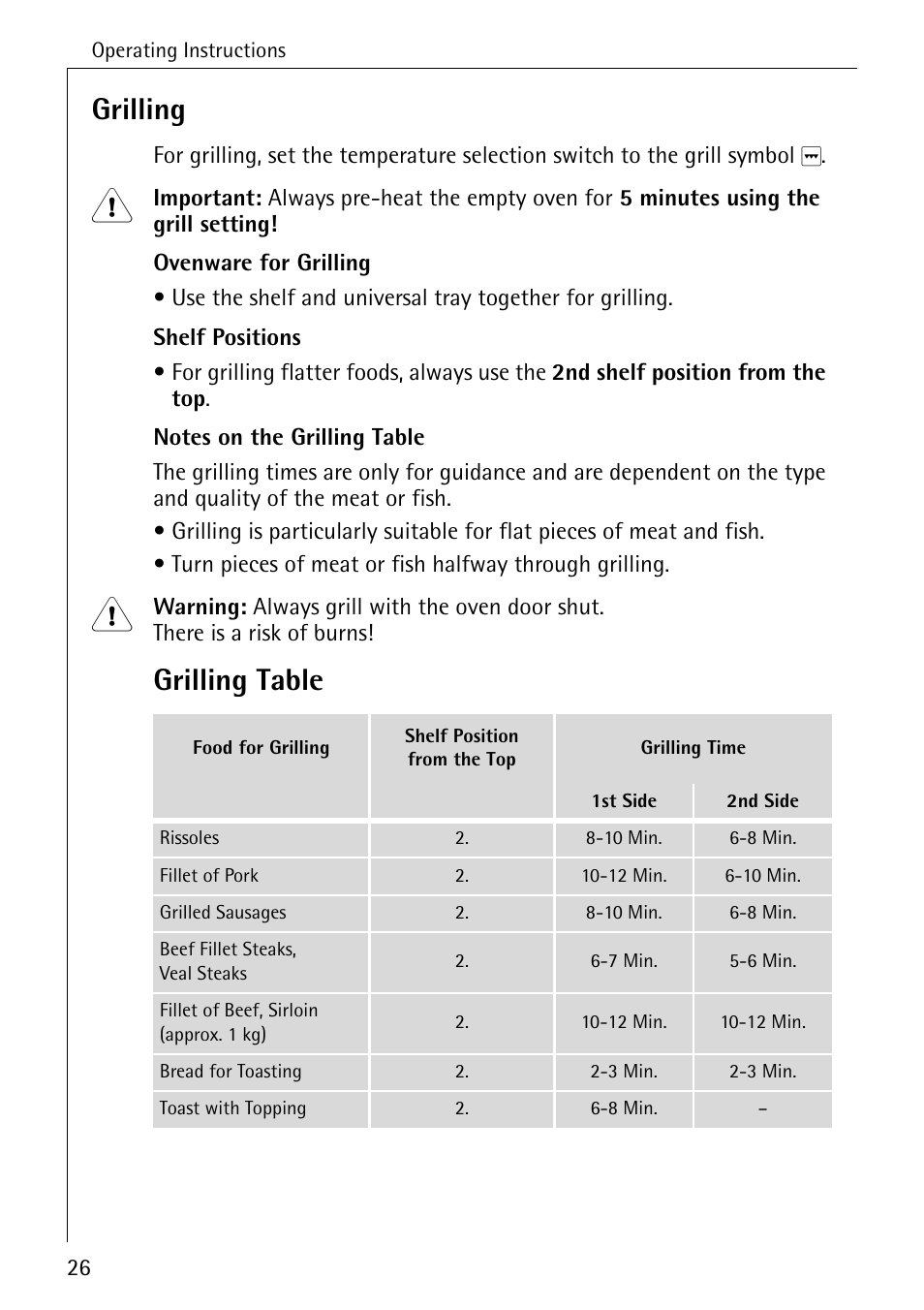 Grilling, Grilling table | AEG COMPETENCE 2003 F User Manual | Page 26 / 40