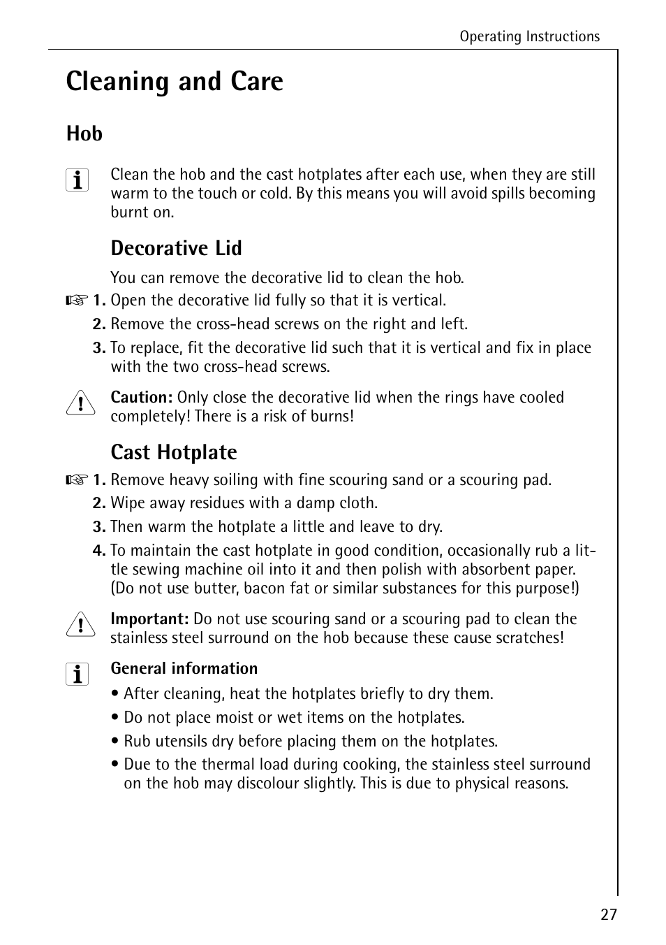 Cleaning and care, Decorative lid, Cast hotplate | AEG COMPETENCE 2003 F User Manual | Page 27 / 40