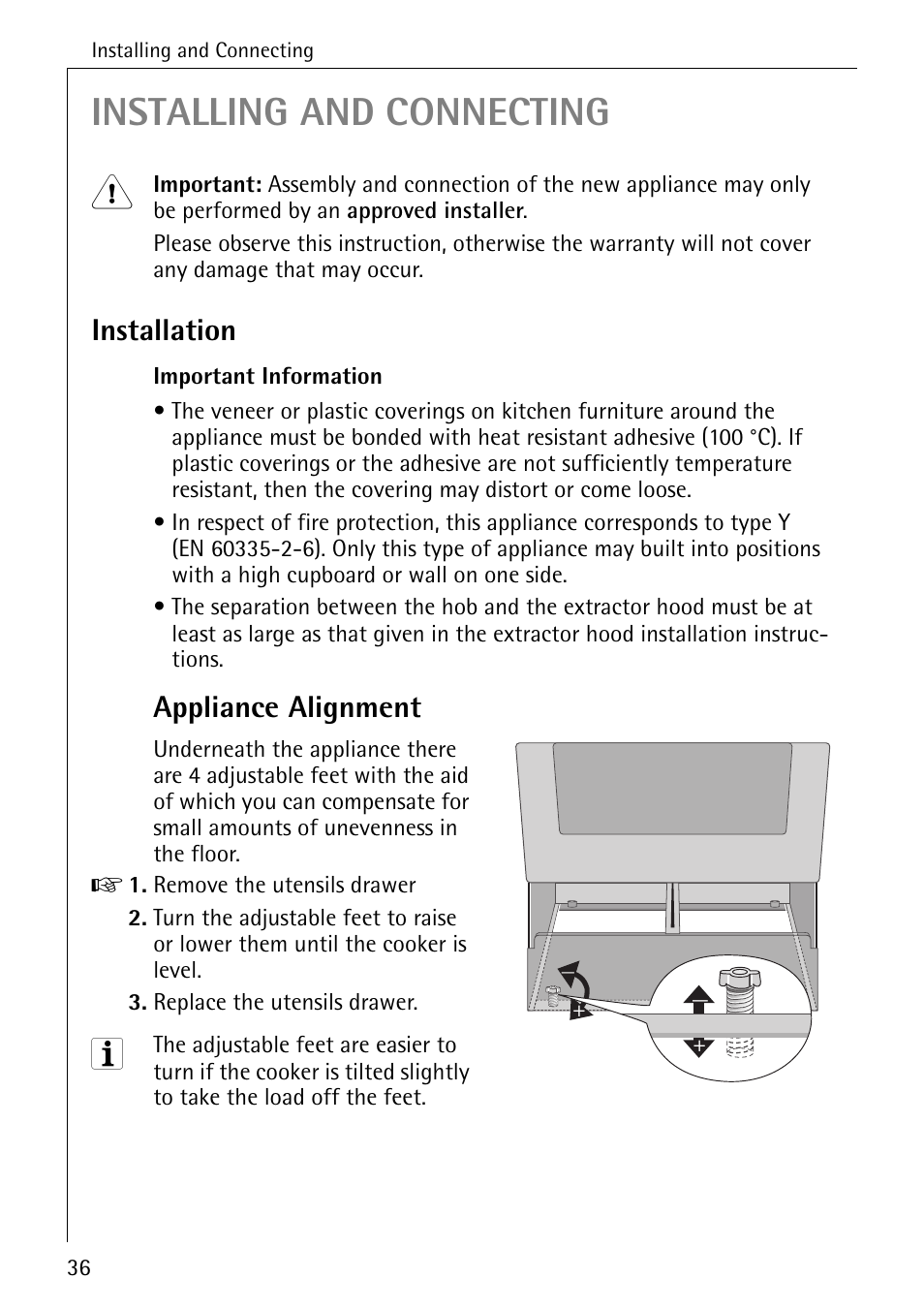 Installing and connecting, Installation, Appliance alignment | AEG COMPETENCE 2003 F User Manual | Page 36 / 40