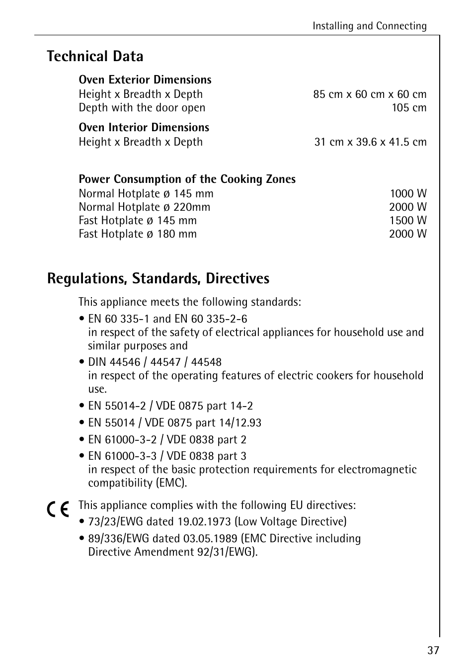 Technical data, Regulations, standards, directives | AEG COMPETENCE 2003 F User Manual | Page 37 / 40