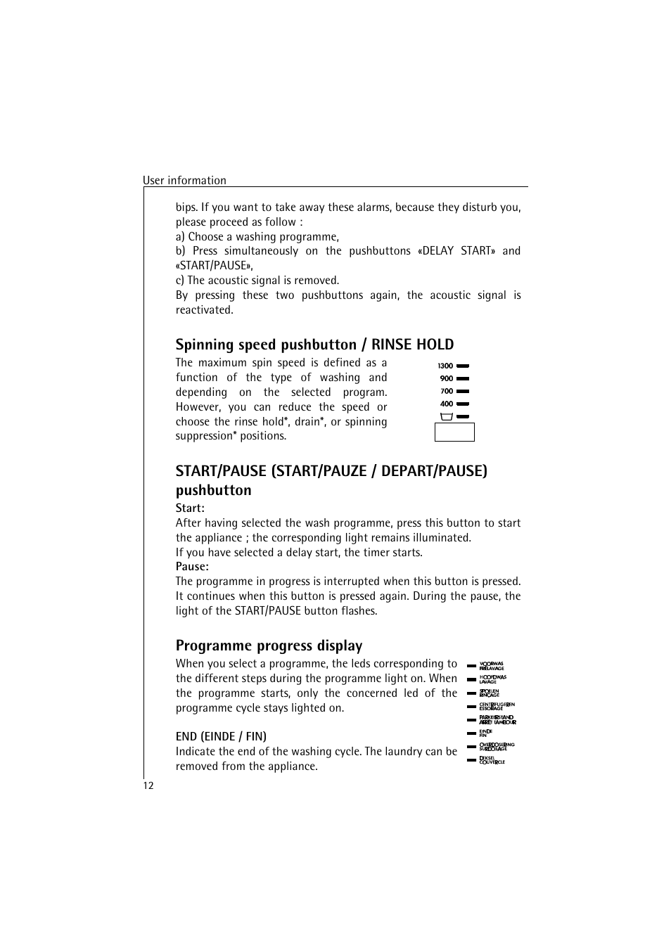 Spinning speed pushbutton / rinse hold, Programme progress display | AEG LAVAMAT 47380 User Manual | Page 12 / 36