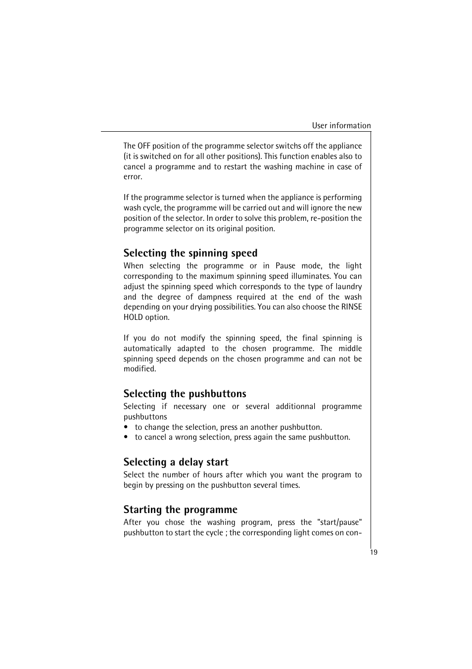 Selecting the spinning speed, Selecting the pushbuttons, Selecting a delay start | Starting the programme | AEG LAVAMAT 47380 User Manual | Page 19 / 36