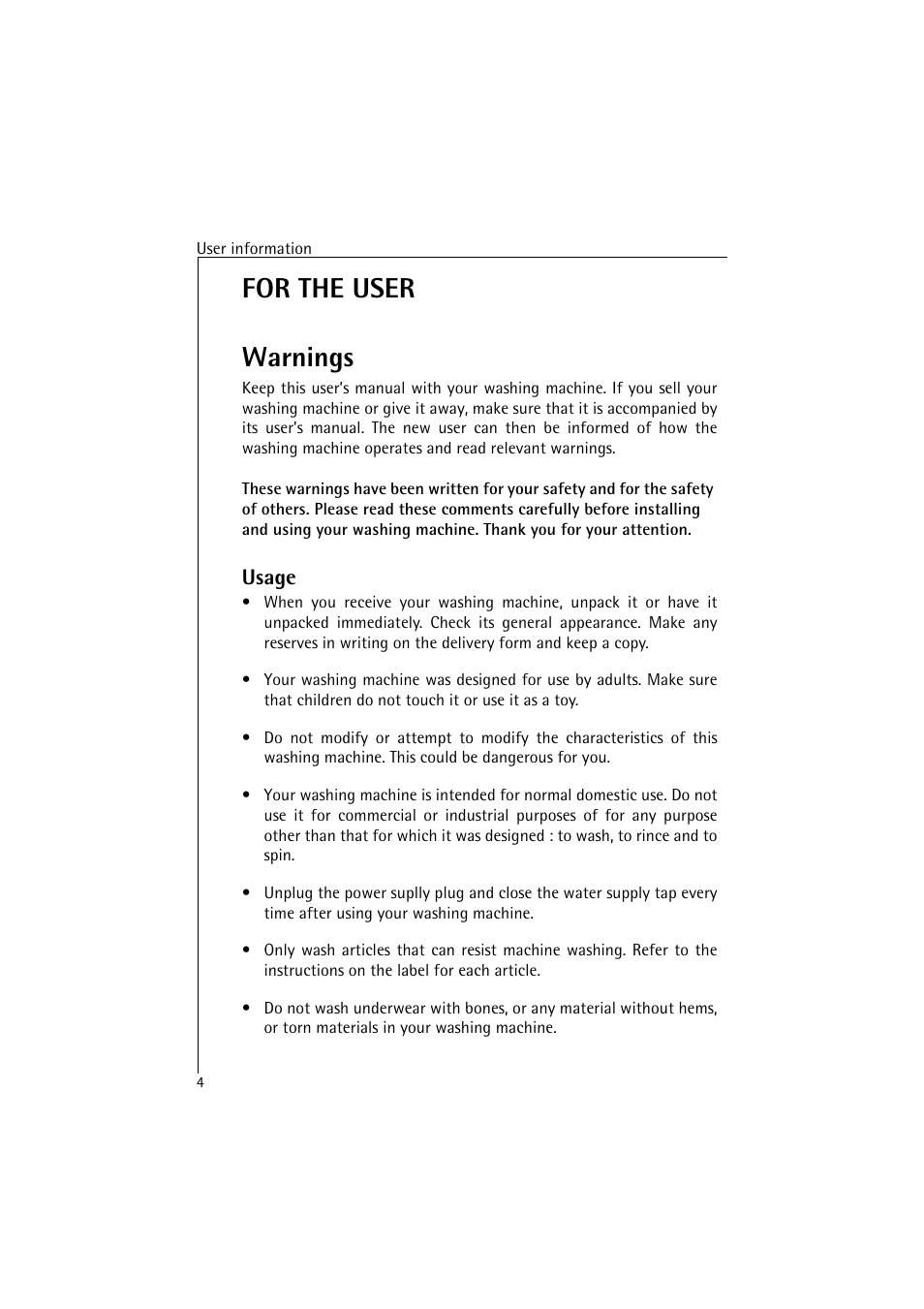 For the user warnings, Usage | AEG LAVAMAT 47380 User Manual | Page 4 / 36