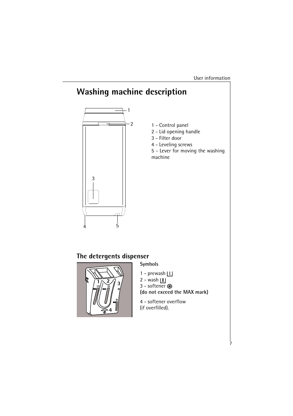Washing machine description, The detergents dispenser | AEG LAVAMAT 47380 User Manual | Page 7 / 36