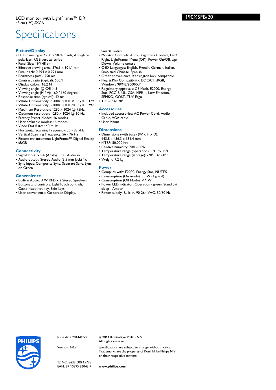 Specifications | Philips 190X5FB User Manual | Page 3 / 3