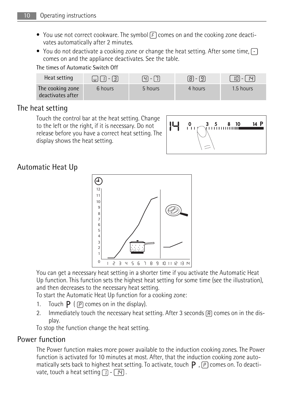 The heat setting, Automatic heat up, Power function | AEG HK854220IB User Manual | Page 10 / 20
