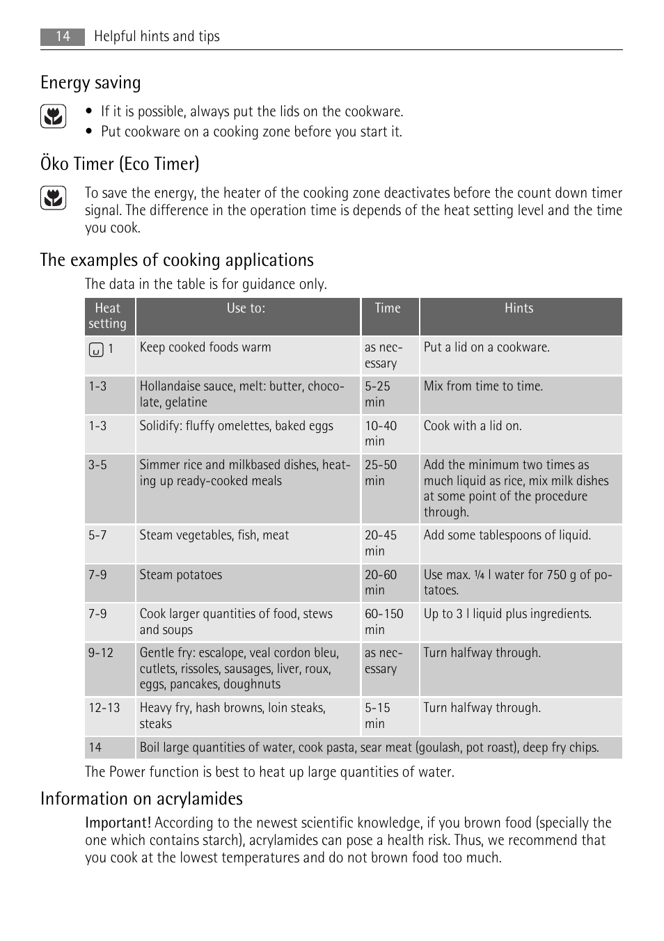 Energy saving, Öko timer (eco timer), The examples of cooking applications | Information on acrylamides | AEG HK854220IB User Manual | Page 14 / 20