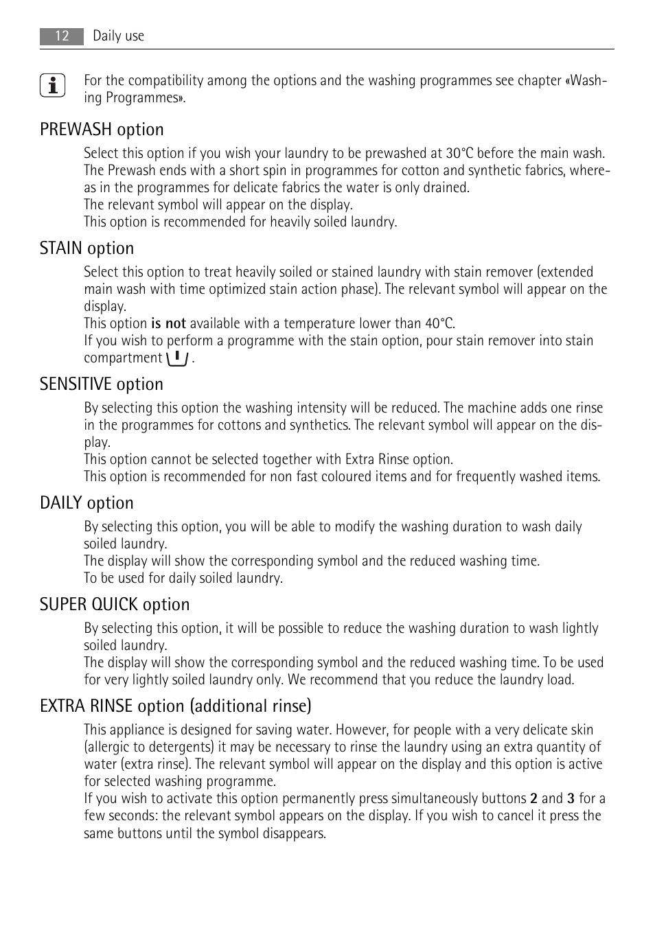 Prewash option, Stain option, Sensitive option | Daily option, Super quick option, Extra rinse option (additional rinse) | AEG LAVAMAT 16950A3 User Manual | Page 12 / 44