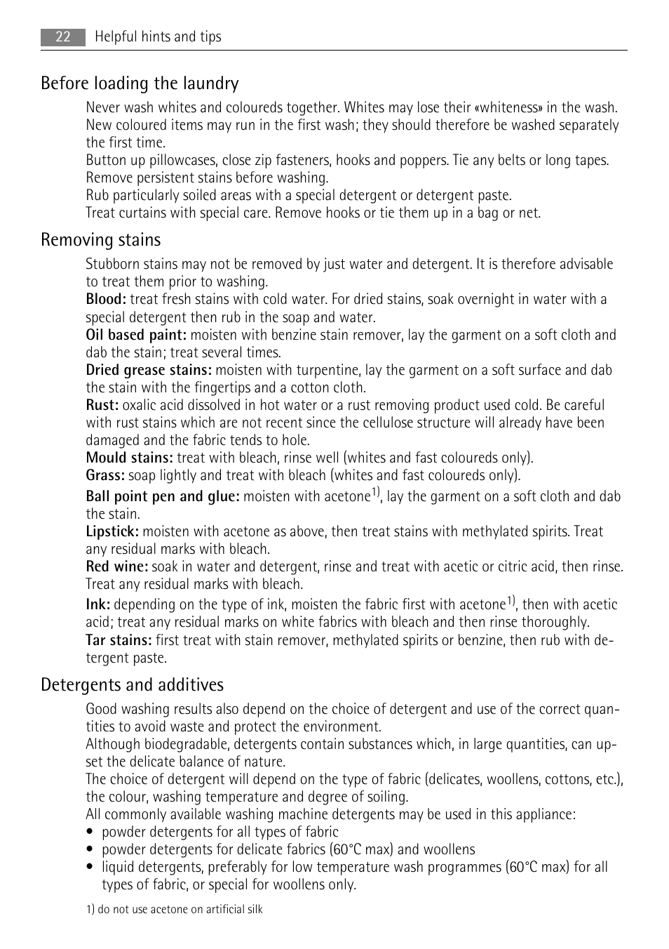 Before loading the laundry, Removing stains, Detergents and additives | AEG LAVAMAT 16950A3 User Manual | Page 22 / 44