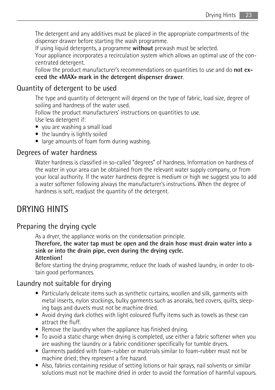 Drying hints, Quantity of detergent to be used, Degrees of water hardness | Preparing the drying cycle, Laundry not suitable for drying | AEG LAVAMAT 16950A3 User Manual | Page 23 / 44