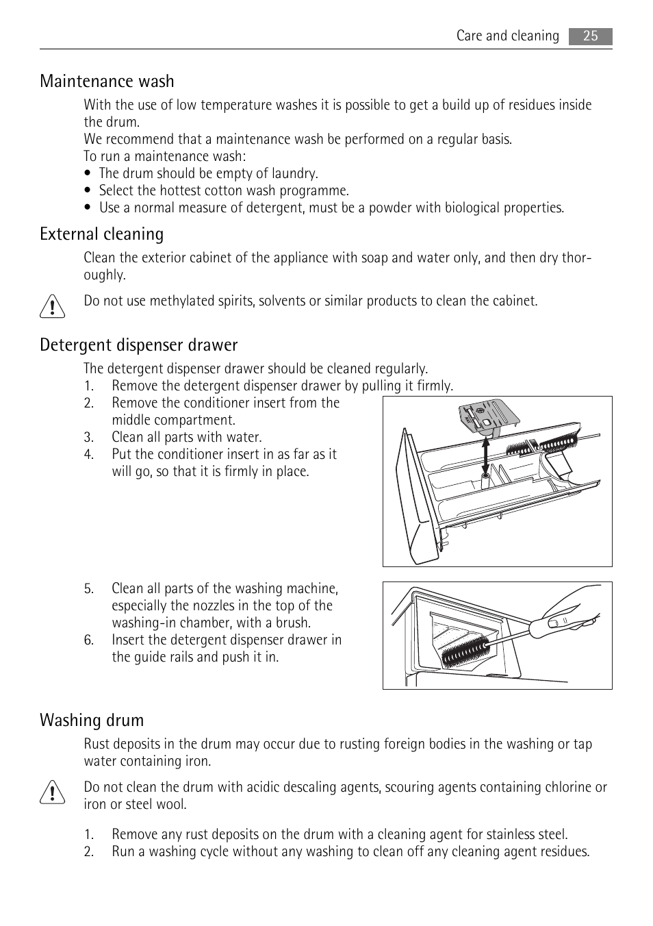 Maintenance wash, External cleaning, Detergent dispenser drawer | Washing drum | AEG LAVAMAT 16950A3 User Manual | Page 25 / 44