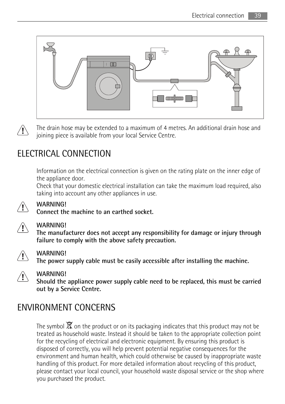 Electrical connection, Environment concerns | AEG LAVAMAT 16950A3 User Manual | Page 39 / 44