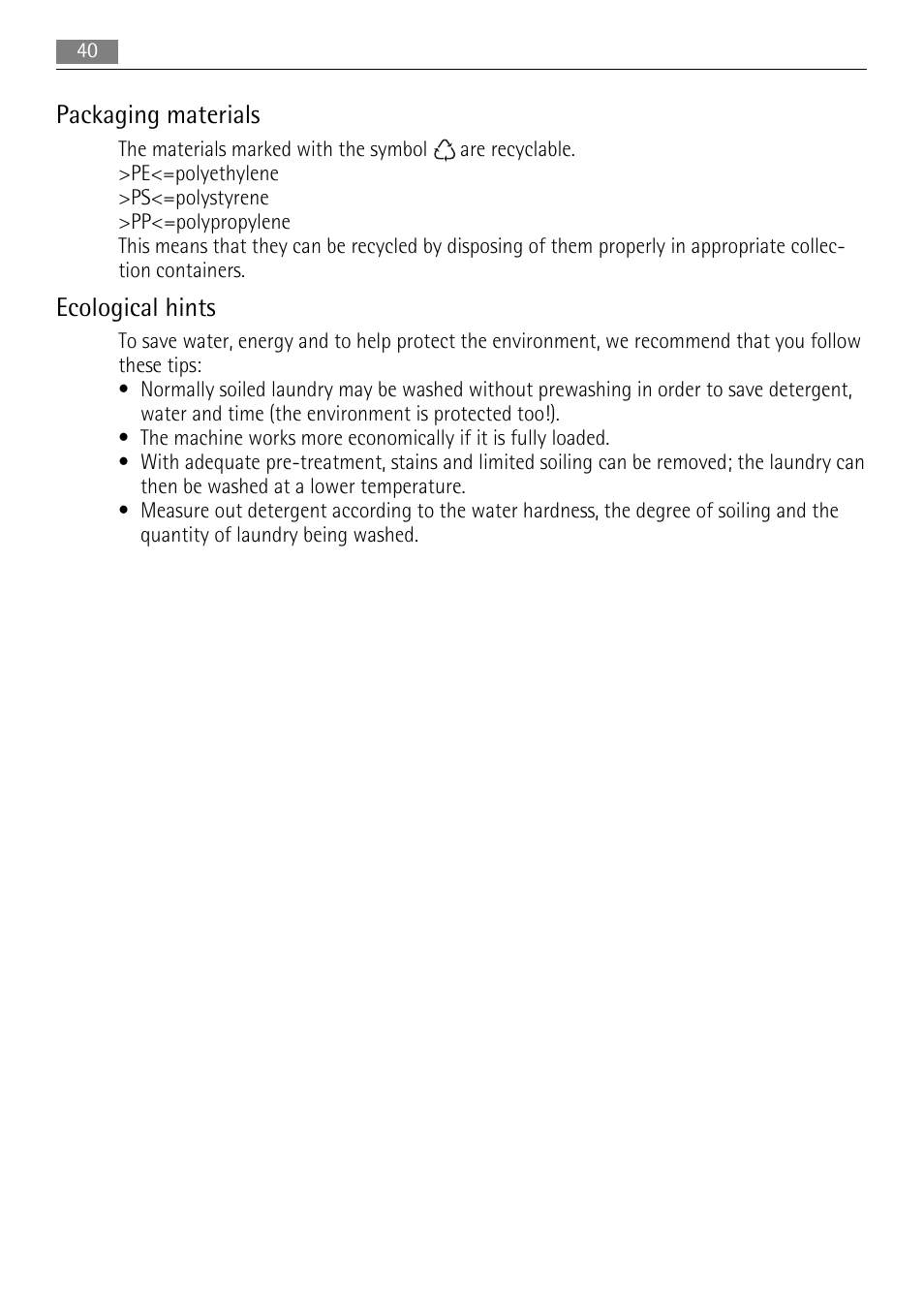 Packaging materials, Ecological hints | AEG LAVAMAT 16950A3 User Manual | Page 40 / 44