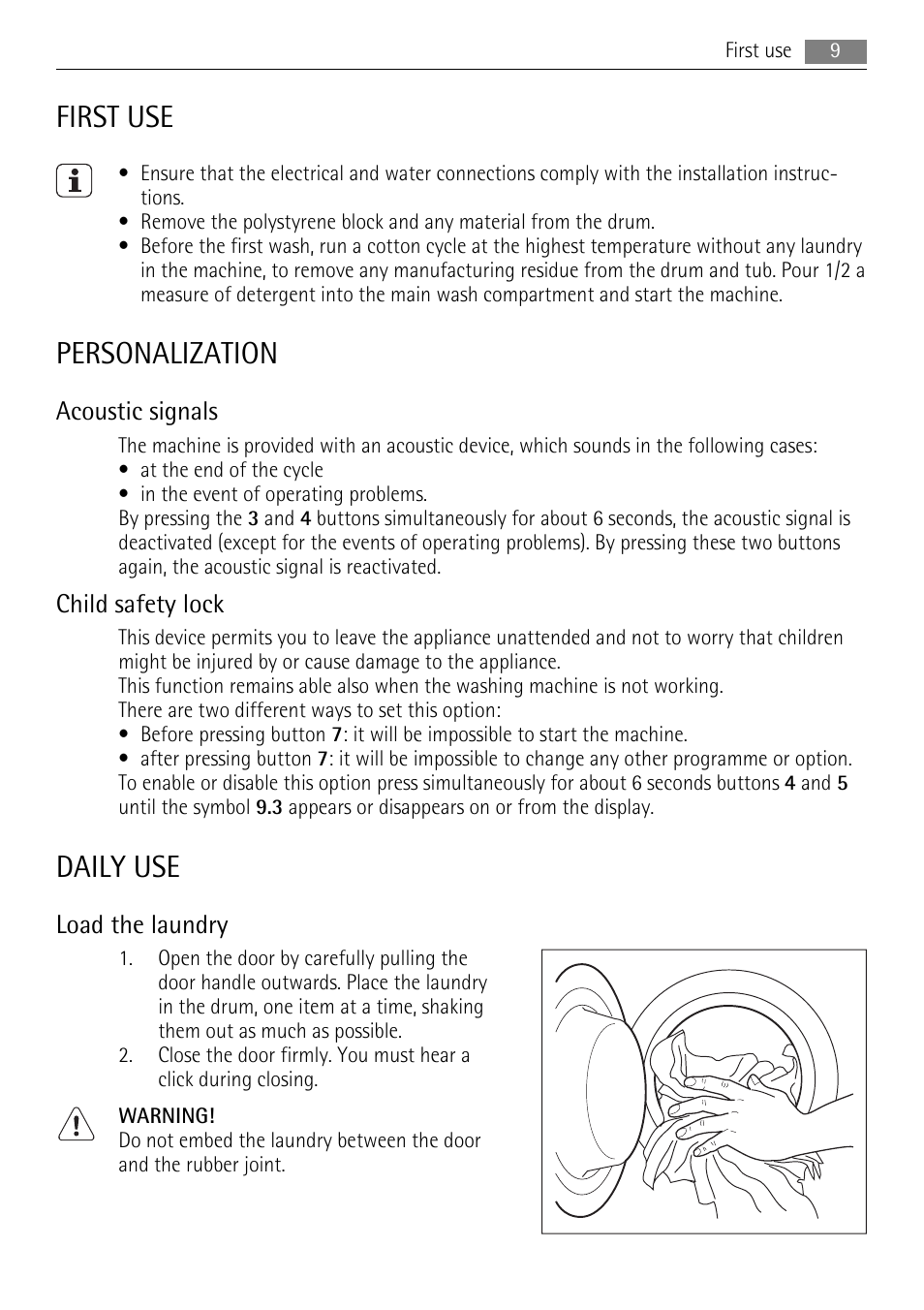 First use, Personalization, Daily use | Acoustic signals, Child safety lock, Load the laundry | AEG LAVAMAT 16950A3 User Manual | Page 9 / 44