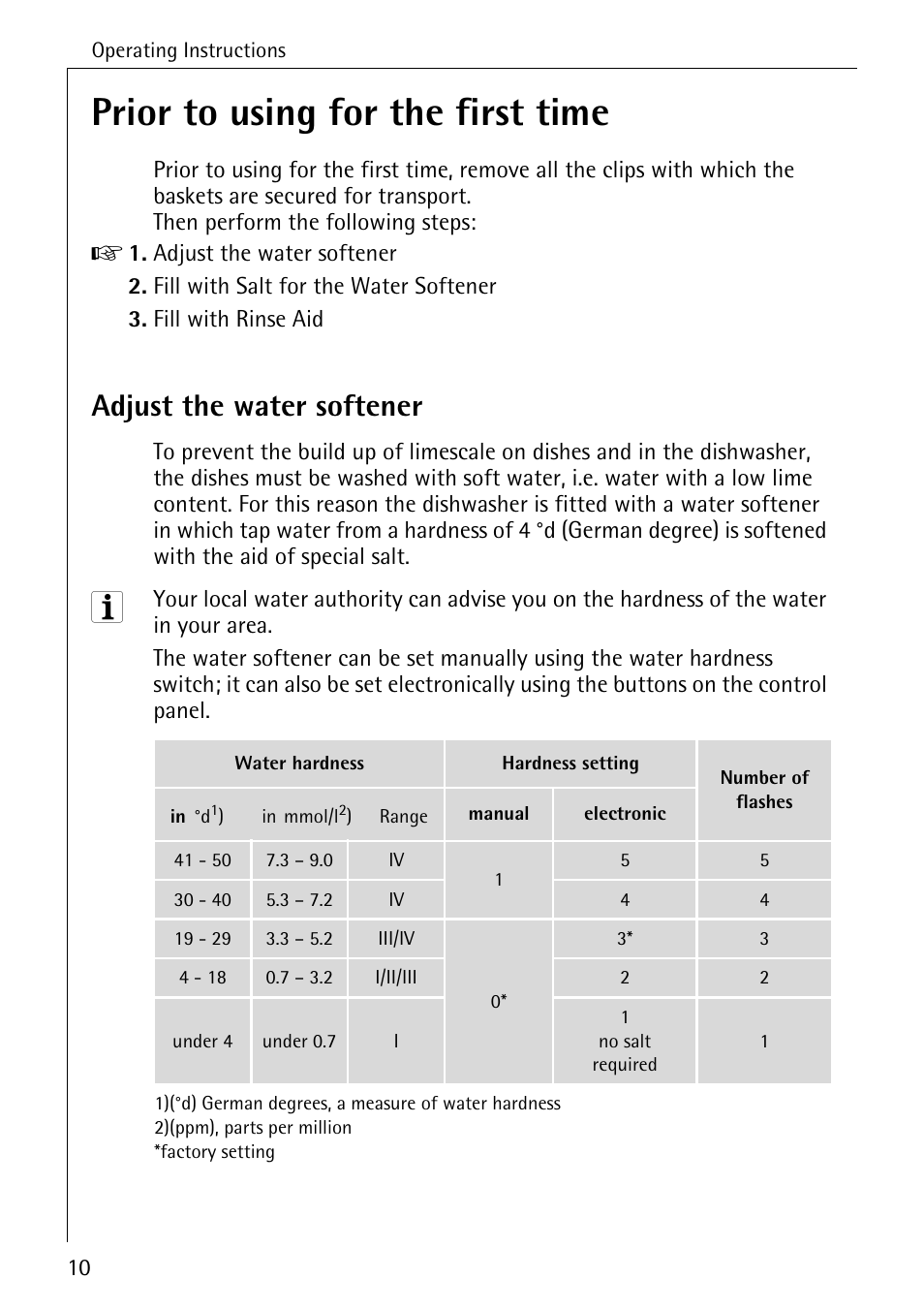 Prior to using for the first time, Adjust the water softener | AEG FAVORIT 50730 User Manual | Page 10 / 44