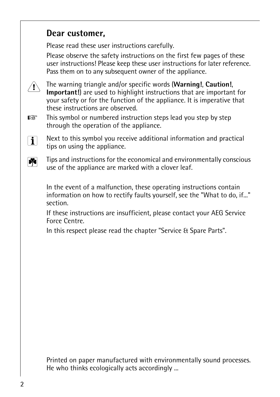 Dear customer | AEG FAVORIT 50730 User Manual | Page 2 / 44