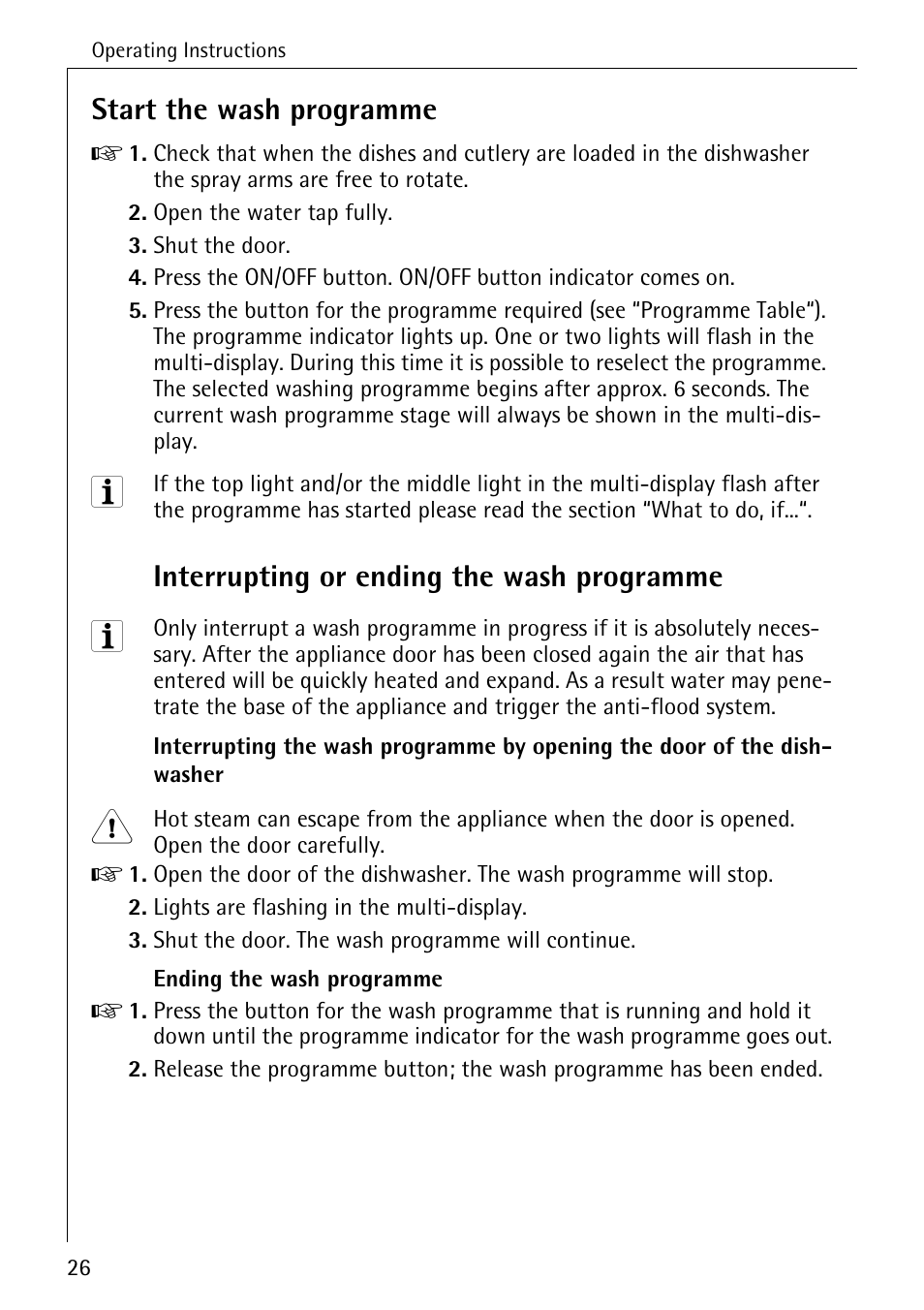 Start the wash programme, Interrupting or ending the wash programme | AEG FAVORIT 50730 User Manual | Page 26 / 44