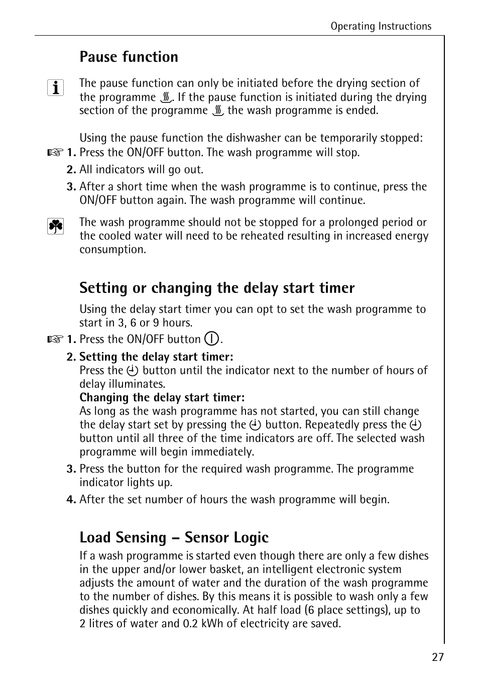 Pause function, Setting or changing the delay start timer, Load sensing – sensor logic | AEG FAVORIT 50730 User Manual | Page 27 / 44