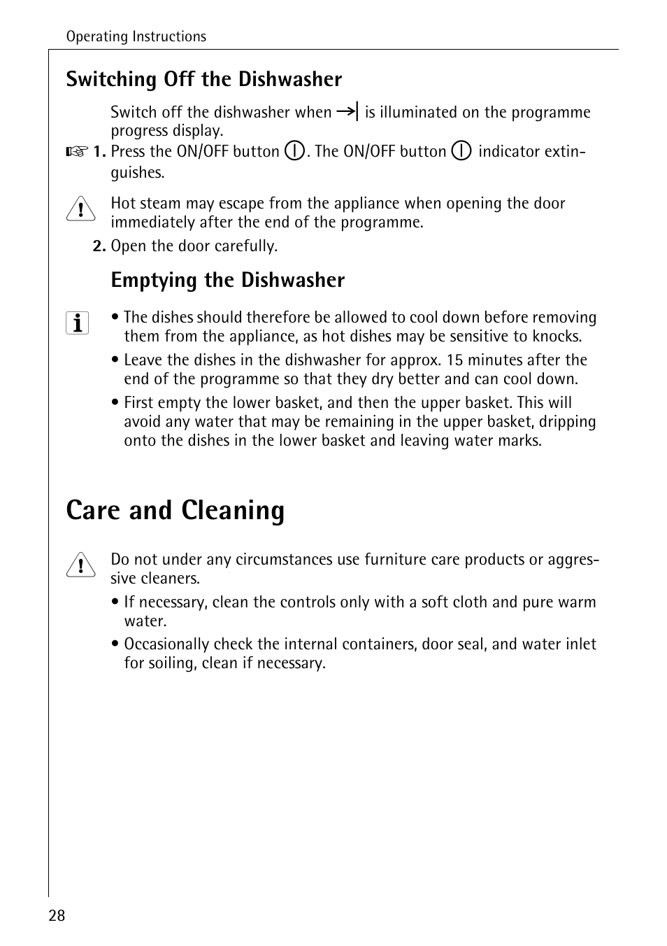 Care and cleaning, Switching off the dishwasher, Emptying the dishwasher | AEG FAVORIT 50730 User Manual | Page 28 / 44