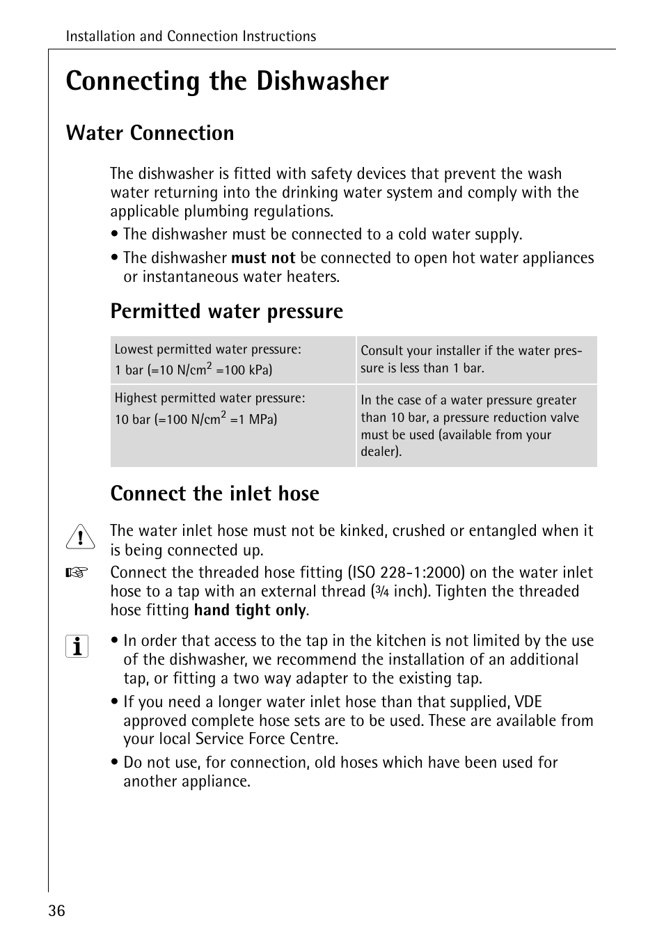 Connecting the dishwasher, Water connection, Permitted water pressure connect the inlet hose | AEG FAVORIT 50730 User Manual | Page 36 / 44