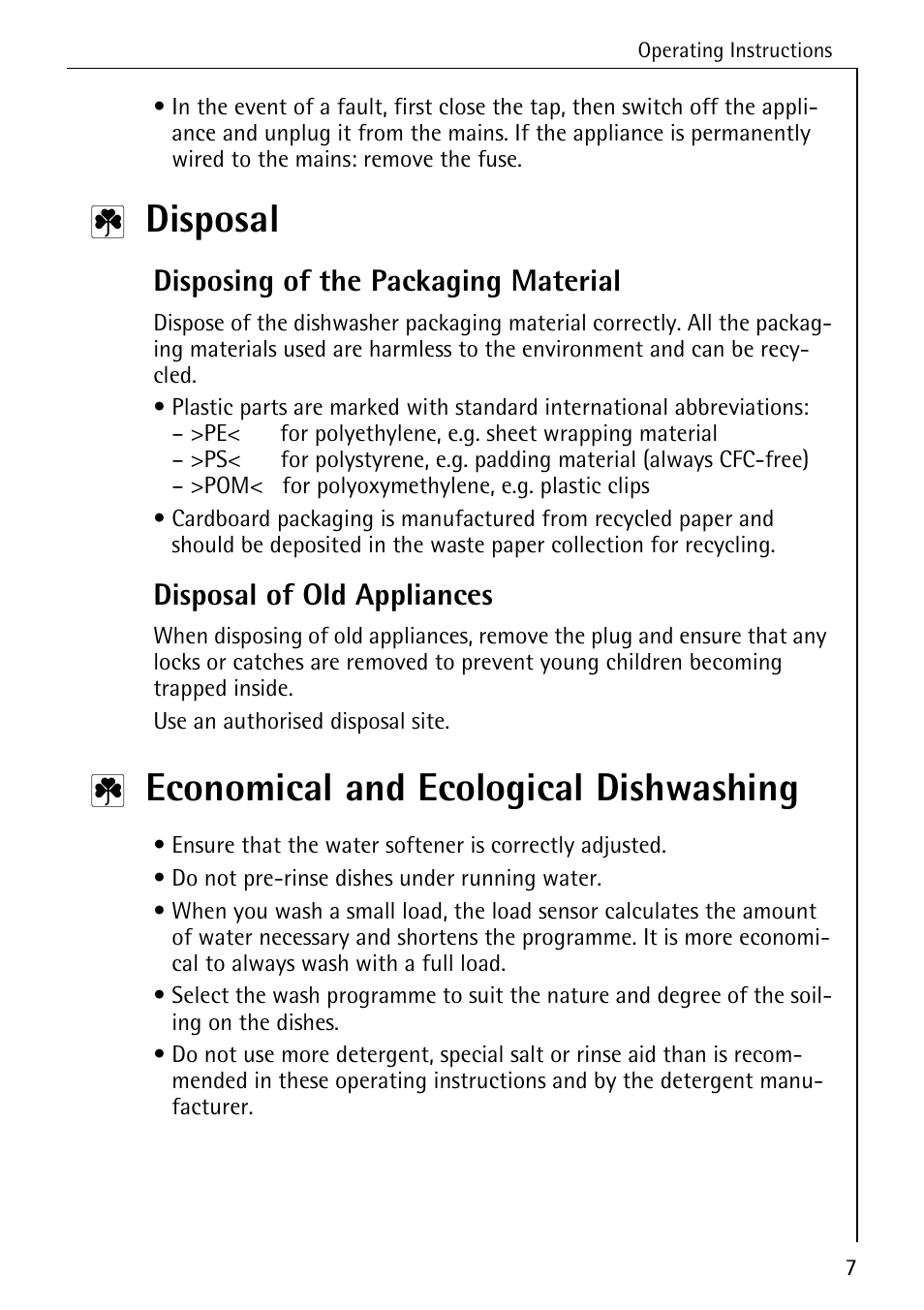 Disposal, Economical and ecological dishwashing, Disposing of the packaging material | Disposal of old appliances | AEG FAVORIT 50730 User Manual | Page 7 / 44