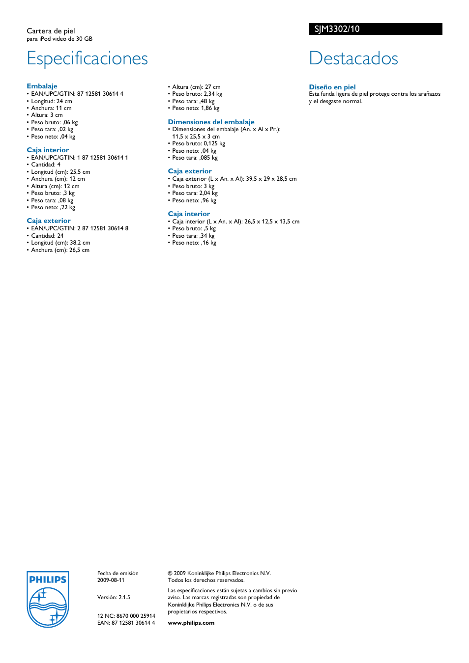 Especificaciones, Destacados | Philips Cartera de piel User Manual | Page 2 / 2