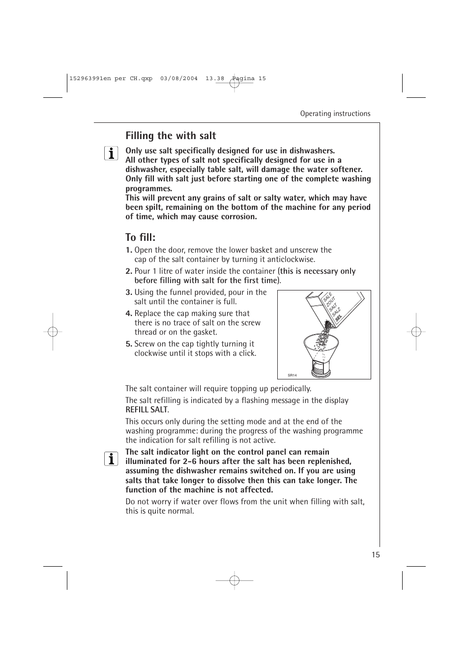 Filling the with salt | AEG FAVORIT 88070 VIL, User Manual | Page 15 / 44