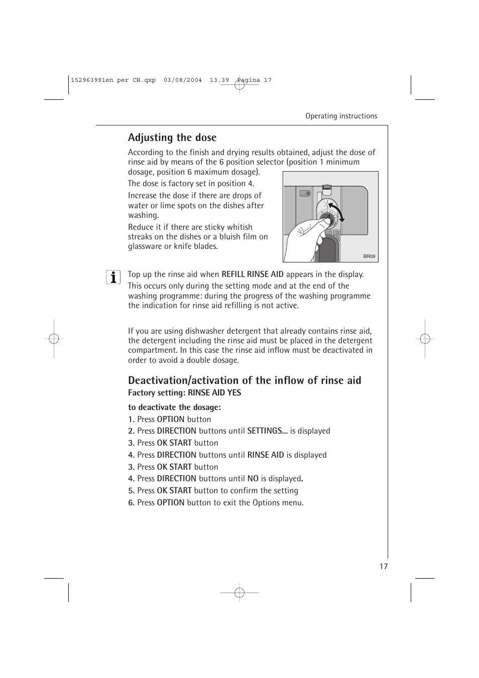 Adjusting the dose, Deactivation/activation of the inflow of rinse aid | AEG FAVORIT 88070 VIL, User Manual | Page 17 / 44