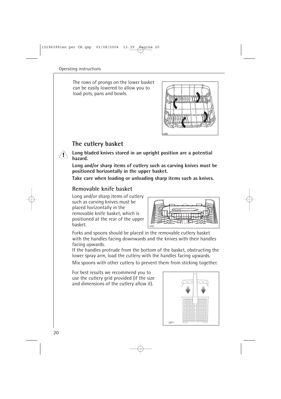 The cutlery basket, Removable knife basket | AEG FAVORIT 88070 VIL, User Manual | Page 20 / 44