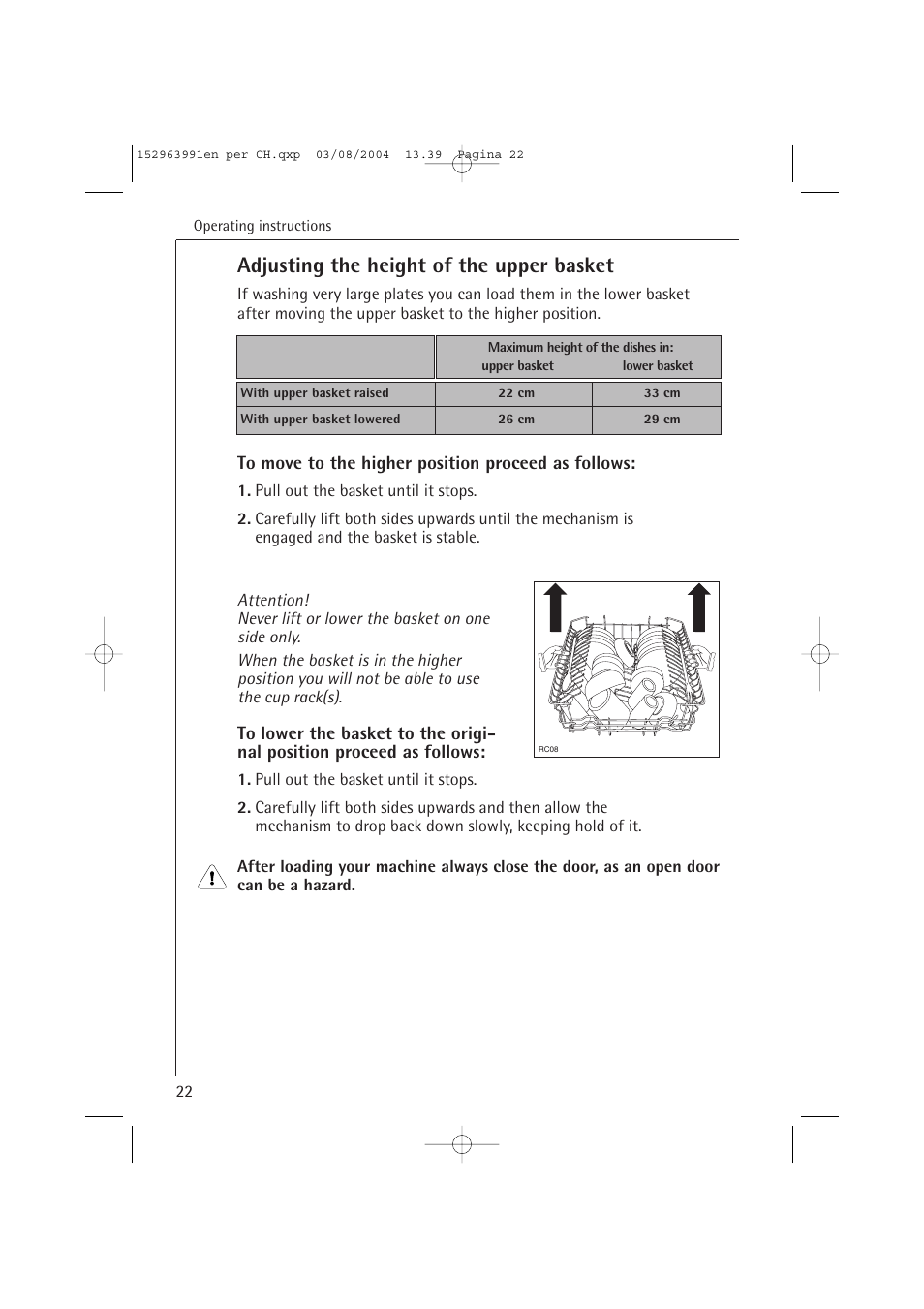 Adjusting the height of the upper basket | AEG FAVORIT 88070 VIL, User Manual | Page 22 / 44