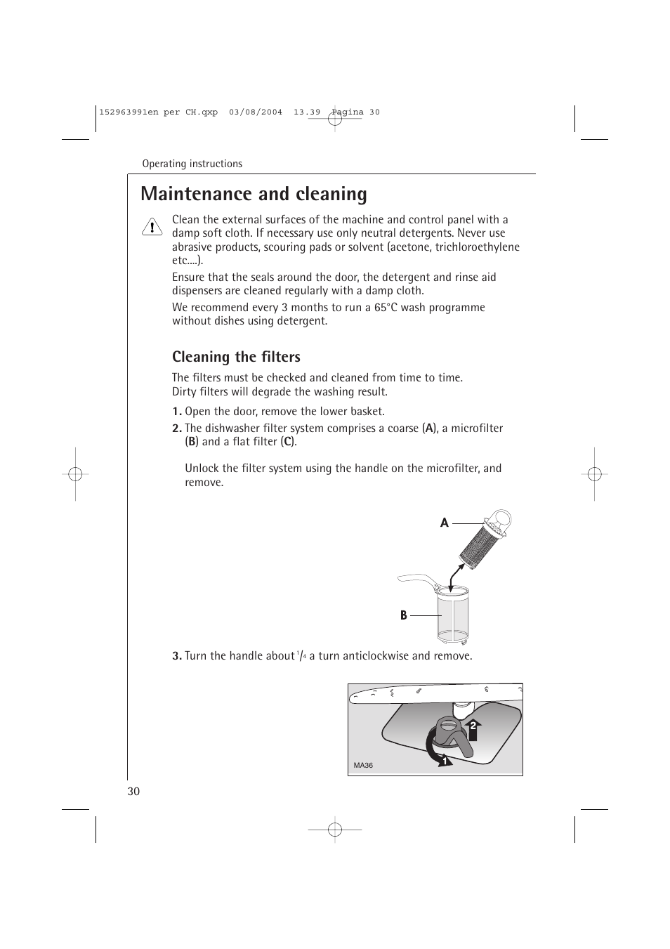 Maintenance and cleaning, Cleaning the filters | AEG FAVORIT 88070 VIL, User Manual | Page 30 / 44