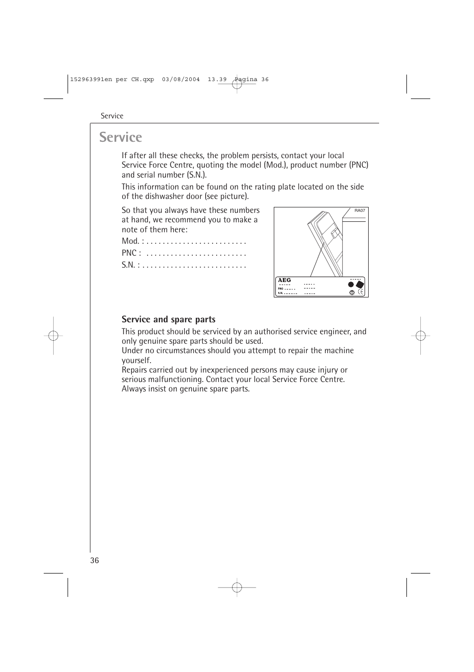 Service, Service and spare parts | AEG FAVORIT 88070 VIL, User Manual | Page 36 / 44