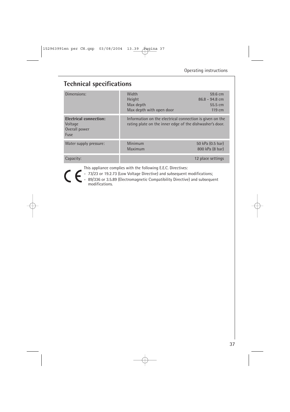 Technical specifications | AEG FAVORIT 88070 VIL, User Manual | Page 37 / 44