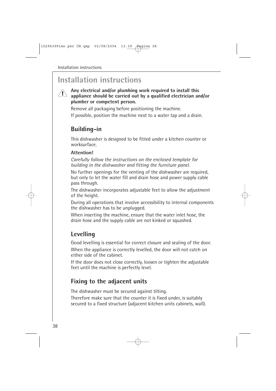 Installation instructions | AEG FAVORIT 88070 VIL, User Manual | Page 38 / 44
