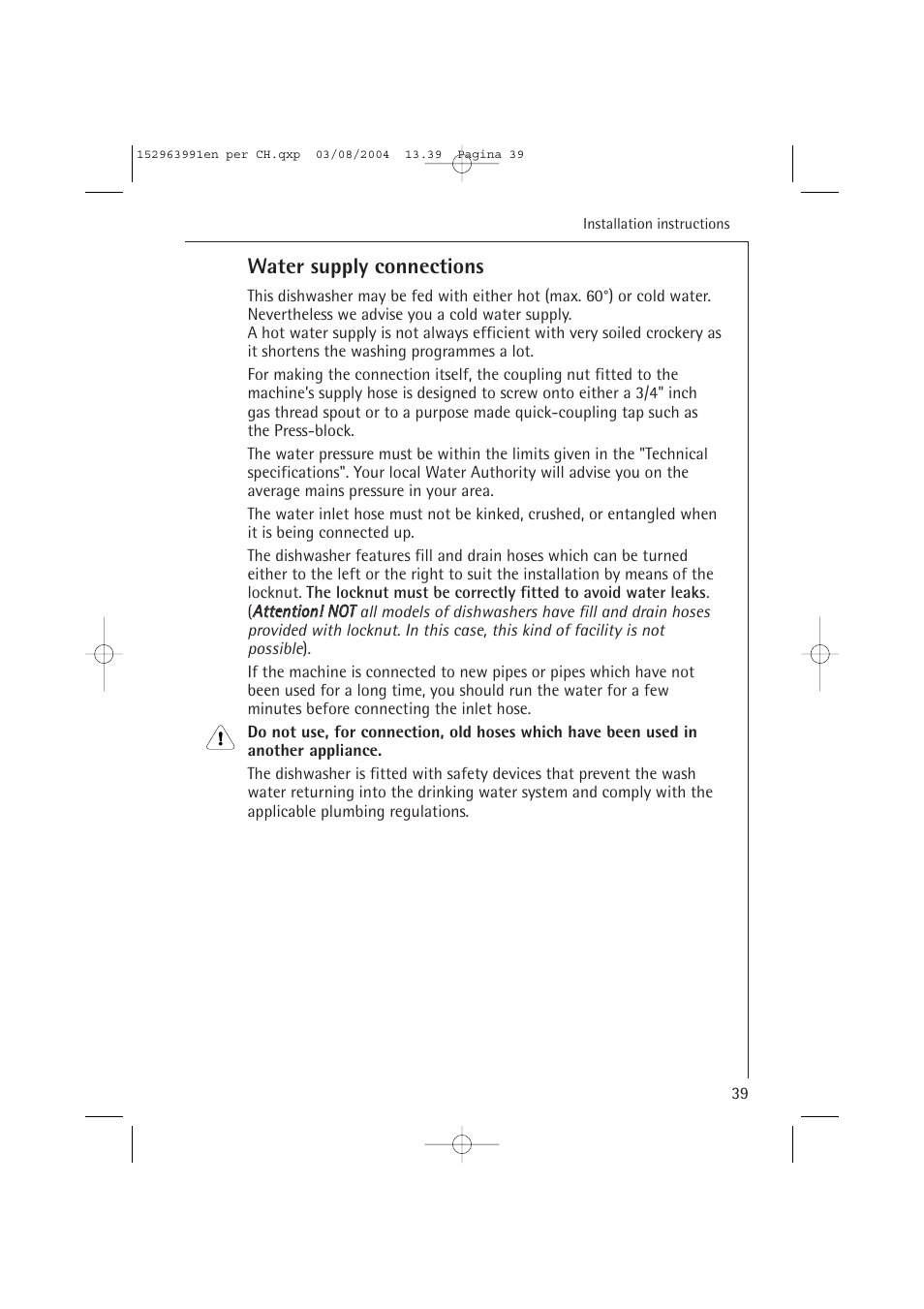 Water supply connections | AEG FAVORIT 88070 VIL, User Manual | Page 39 / 44