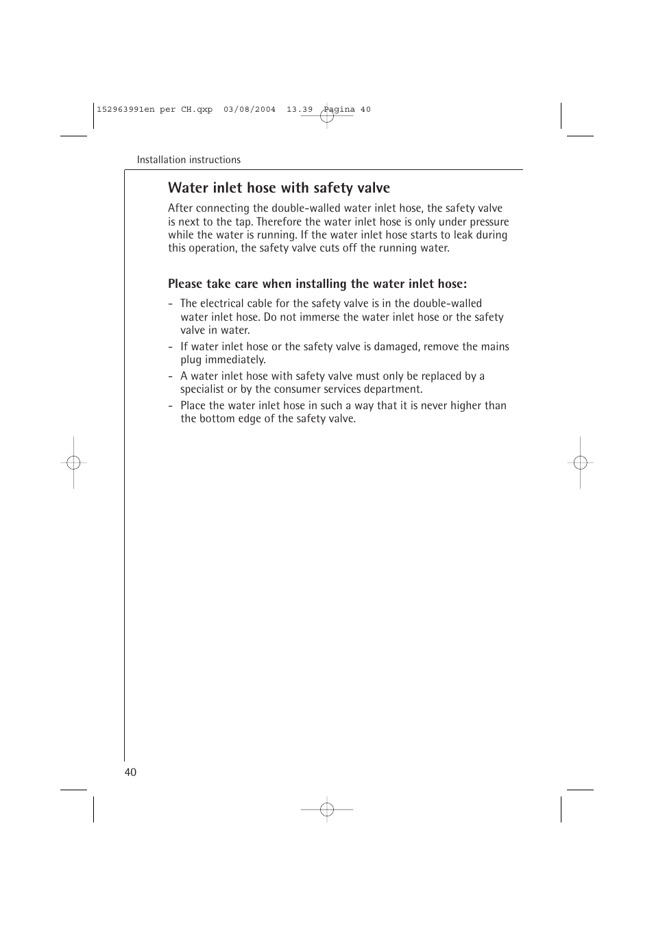 Water inlet hose with safety valve | AEG FAVORIT 88070 VIL, User Manual | Page 40 / 44