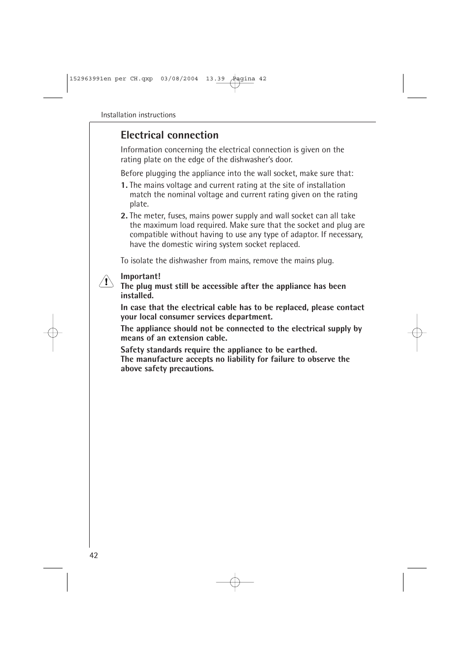 Electrical connection | AEG FAVORIT 88070 VIL, User Manual | Page 42 / 44