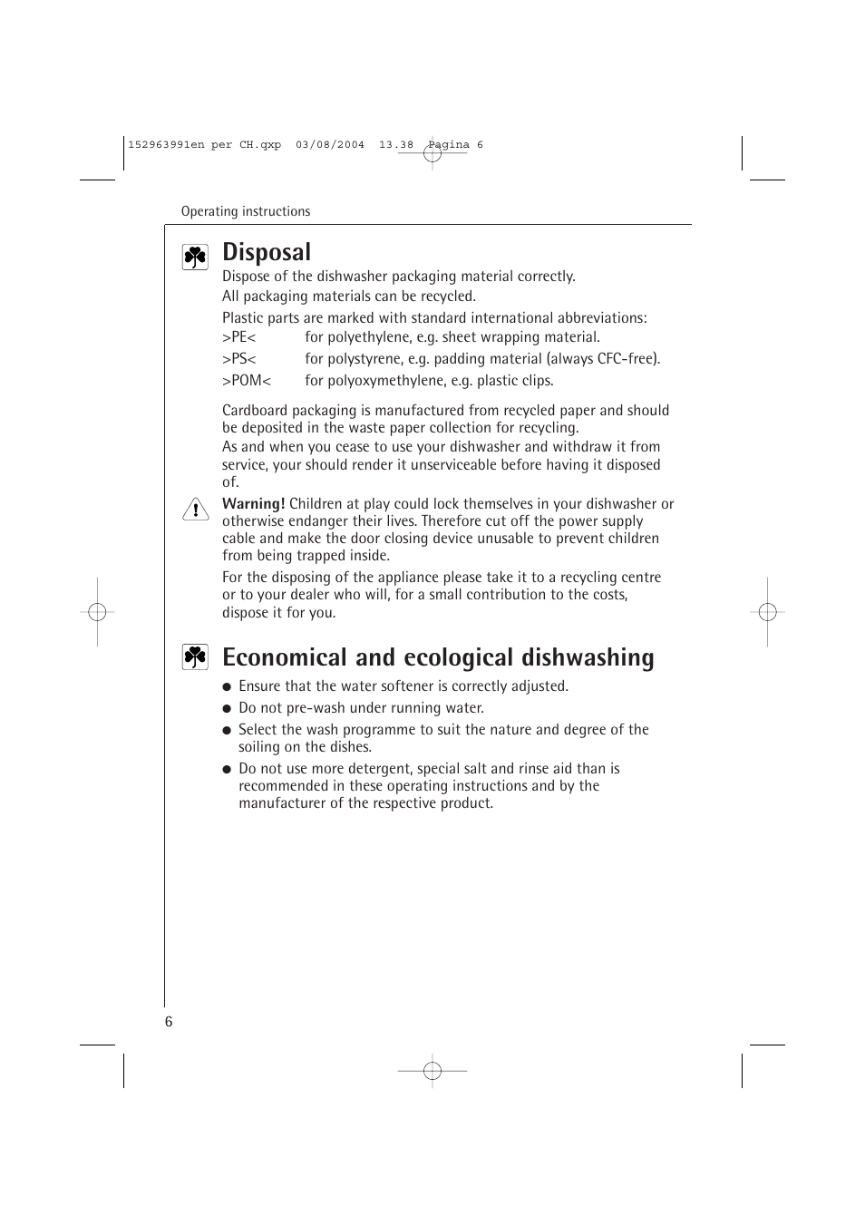 Disposal, Economical and ecological dishwashing | AEG FAVORIT 88070 VIL, User Manual | Page 6 / 44