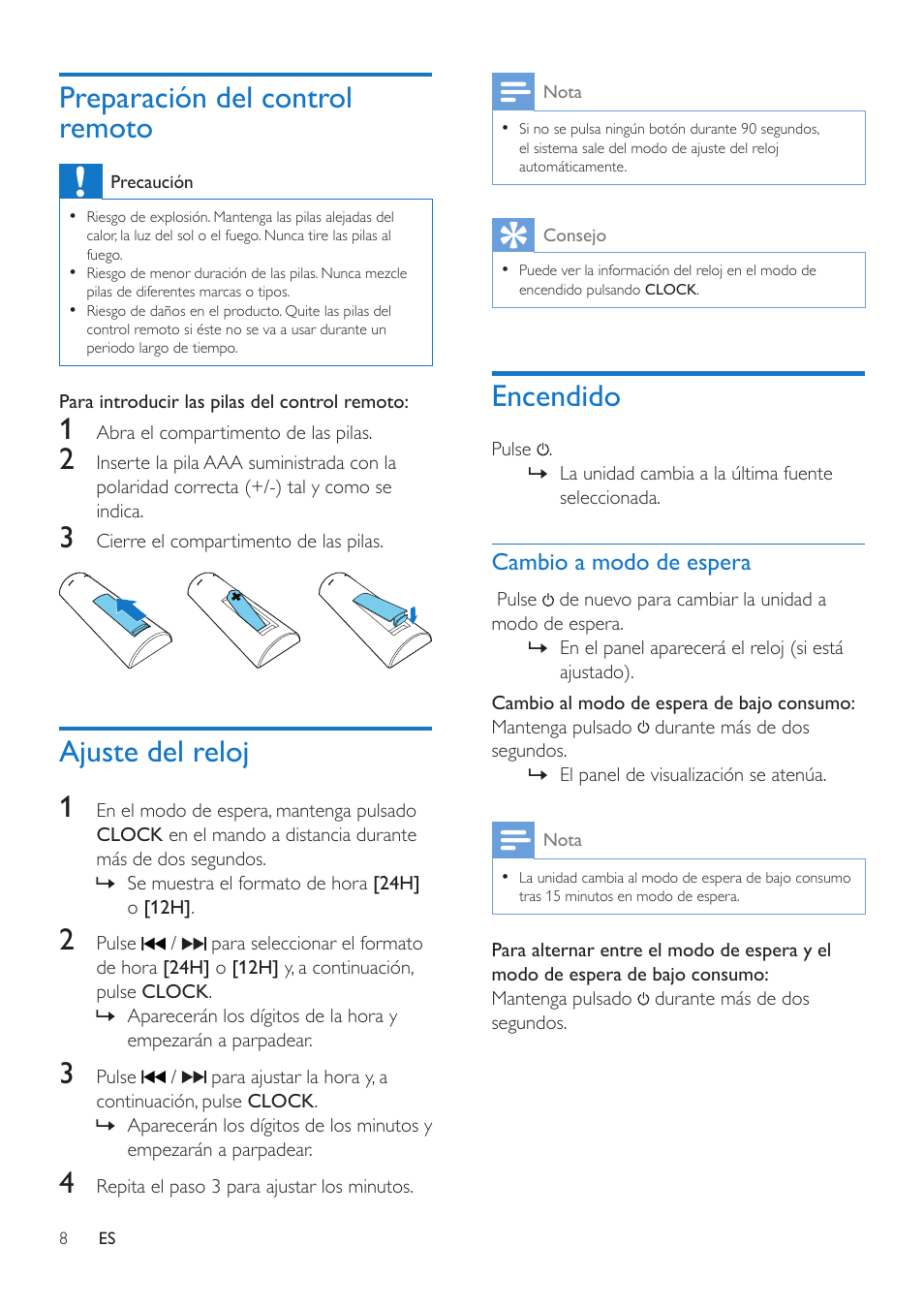 Preparación del control remoto, Ajuste del reloj 1, Encendido | Philips Microcadena User Manual | Page 10 / 20