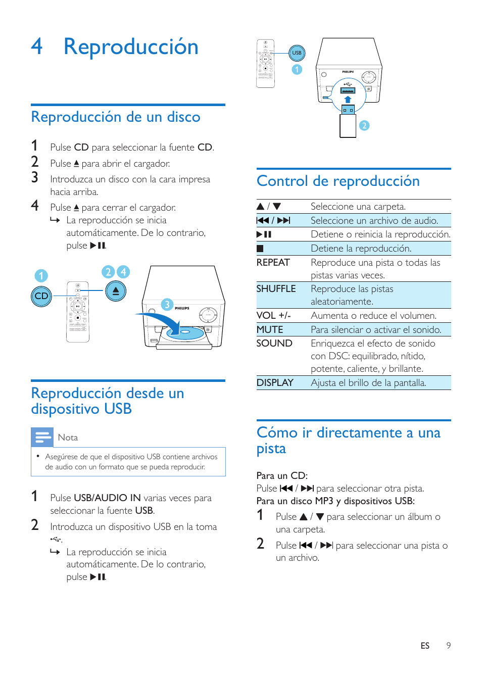 4 reproducción, Reproducción de un disco 1, Reproducción desde un dispositivo usb | Control de reproducción, Cómo ir directamente a una pista | Philips Microcadena User Manual | Page 11 / 20