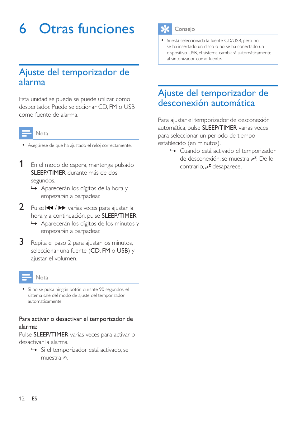 6 otras funciones, Ajuste del temporizador de alarma, Ajuste del temporizador de desconexión automática | Philips Microcadena User Manual | Page 14 / 20